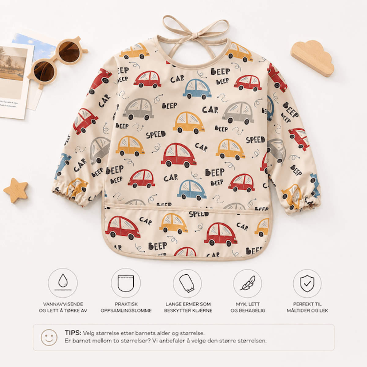 Troller Kids | Smekke Forkle med lang arm | Beige biler | Large